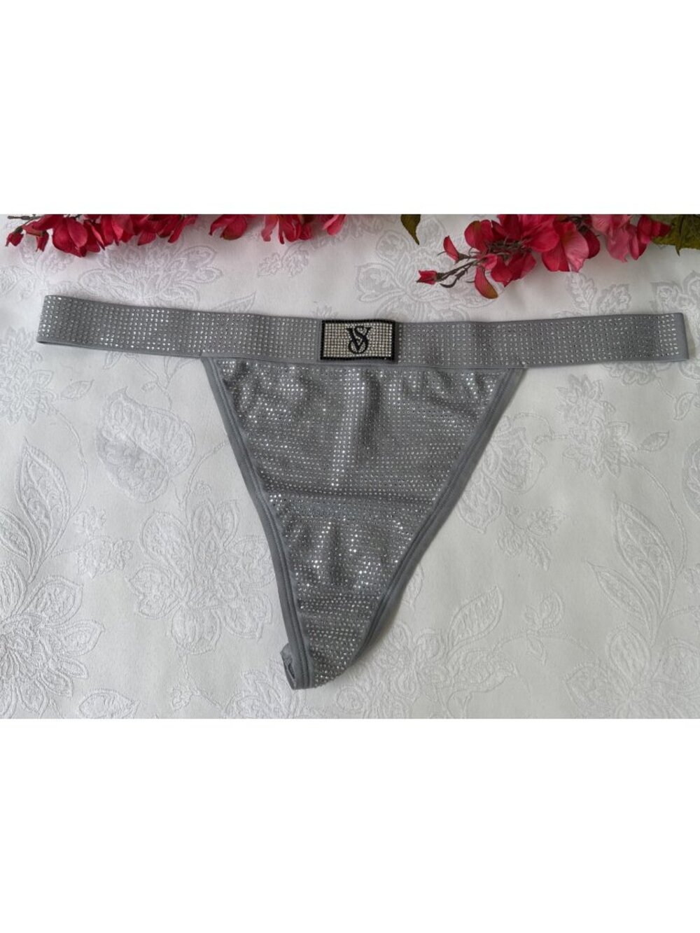 VICTORIA'S SECRET XL GRAY SILVER BLING SUPERHERO V STRING THONG PANTIES NWT